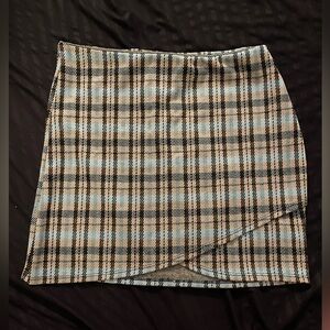Altar’d State Brown and Baby Blue Cross Front Plaid Mini Skirt